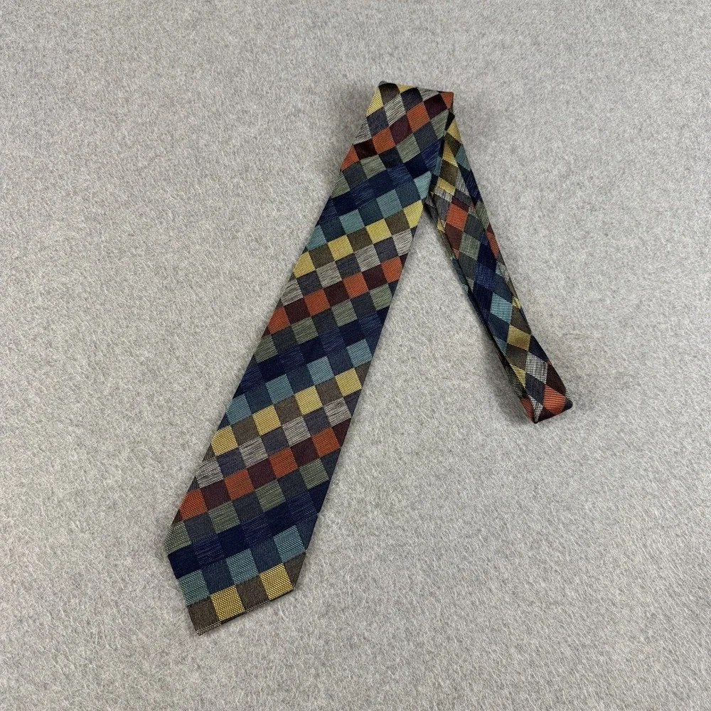 Rainbow Kyoto Japan 100% Silk Geometric Mosaic Checker Tie 55x3.5